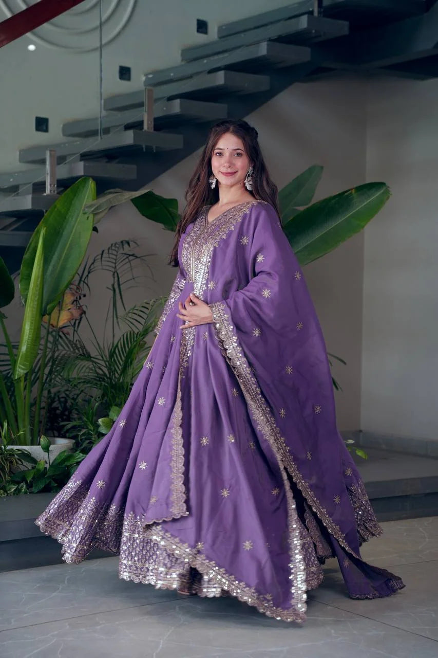 Designer Shimmer Silk Sequence Work Gown with Dupatta