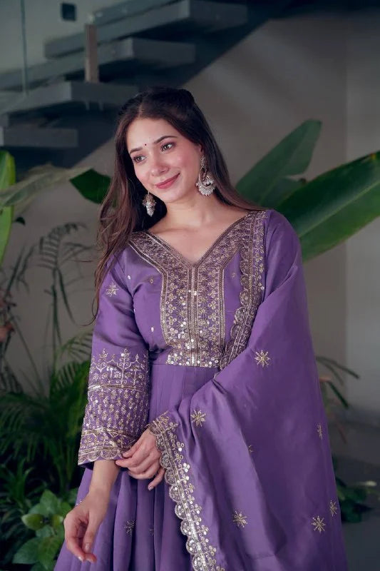 Designer Shimmer Silk Sequence Work Gown with Dupatta