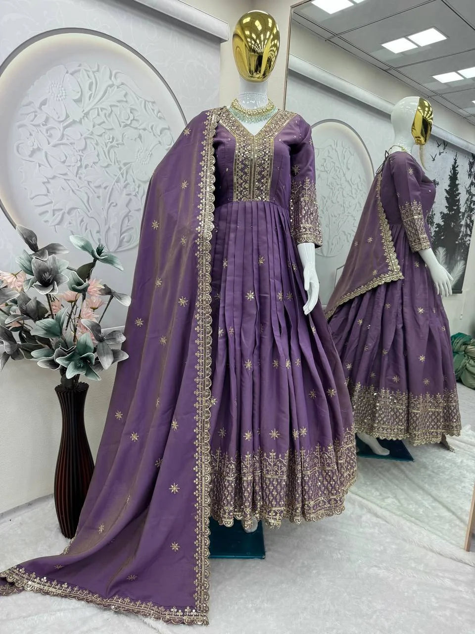 Designer Shimmer Silk Sequence Work Gown with Dupatta