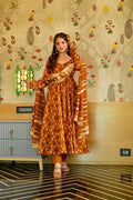 Trendy Satin Gown Set with Printed Sleeves & Flowy Dupatta