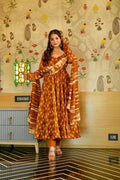 Trendy Satin Gown Set with Printed Sleeves & Flowy Dupatta
