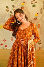 Trendy Satin Gown Set with Printed Sleeves & Flowy Dupatta