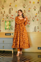 Trendy Satin Gown Set with Printed Sleeves & Flowy Dupatta