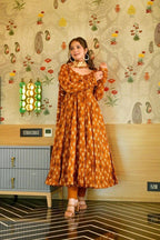 Trendy Satin Gown Set with Printed Sleeves & Flowy Dupatta