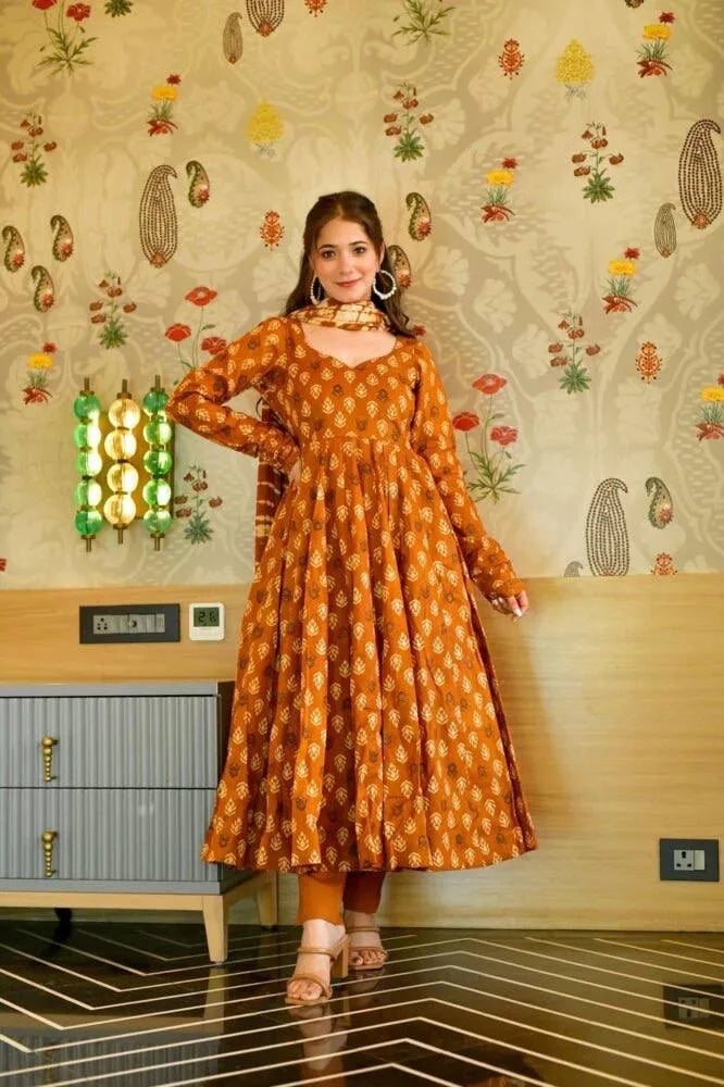Trendy Satin Gown Set with Printed Sleeves & Flowy Dupatta