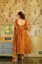 Trendy Satin Gown Set with Printed Sleeves & Flowy Dupatta