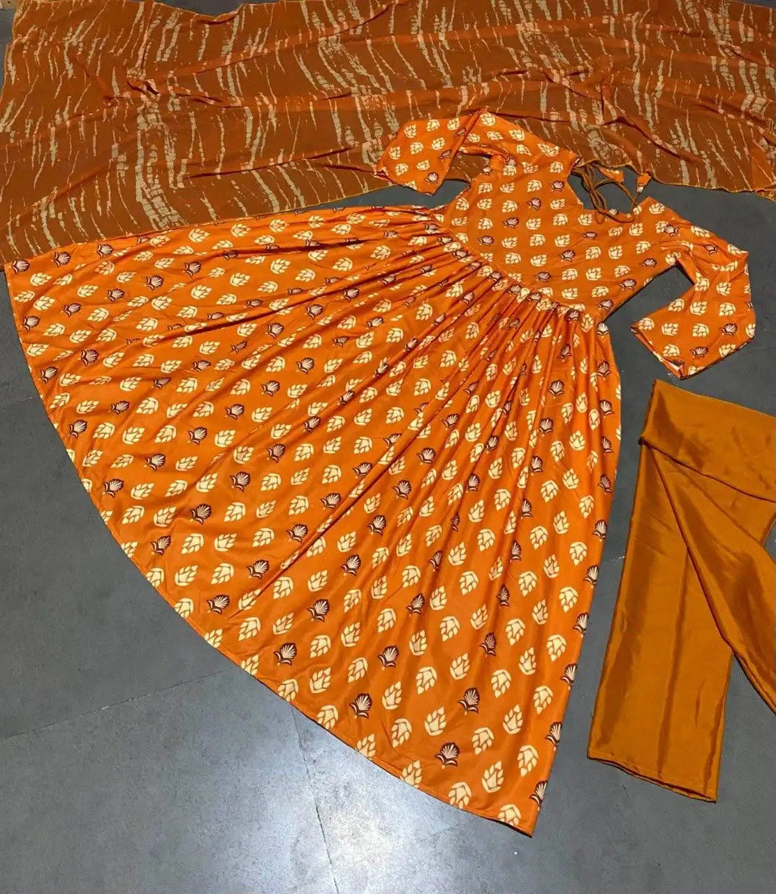 Trendy Satin Gown Set with Printed Sleeves & Flowy Dupatta