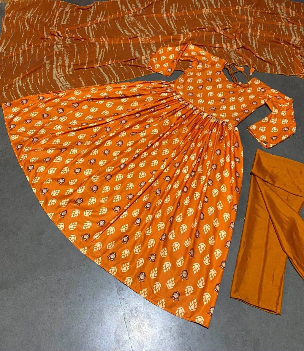 Trendy Satin Gown Set with Printed Sleeves & Flowy Dupatta