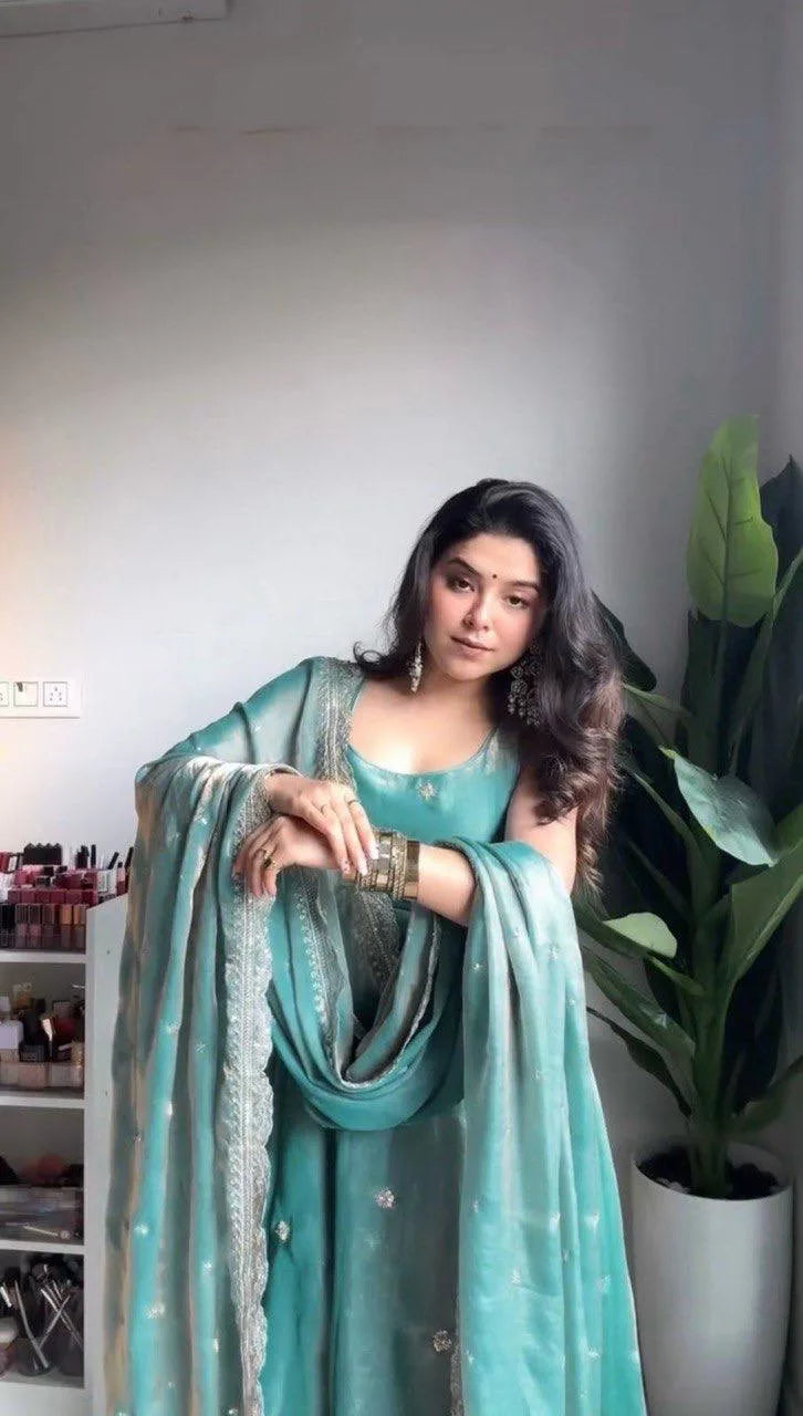 Classic Grace: Teal Blue Gown Pent & Dupatta With Thread Work