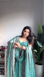 Classic Grace: Teal Blue Gown Pent & Dupatta With Thread Work