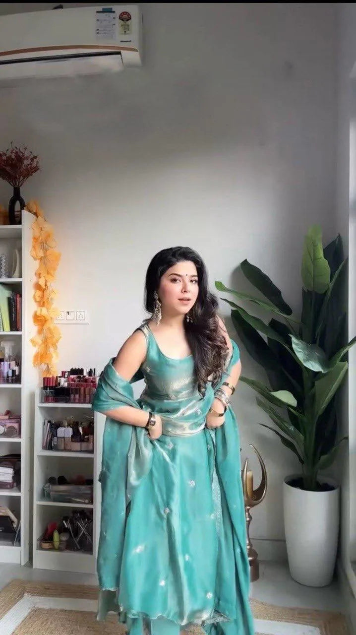 Classic Grace: Teal Blue Gown Pent & Dupatta With Thread Work