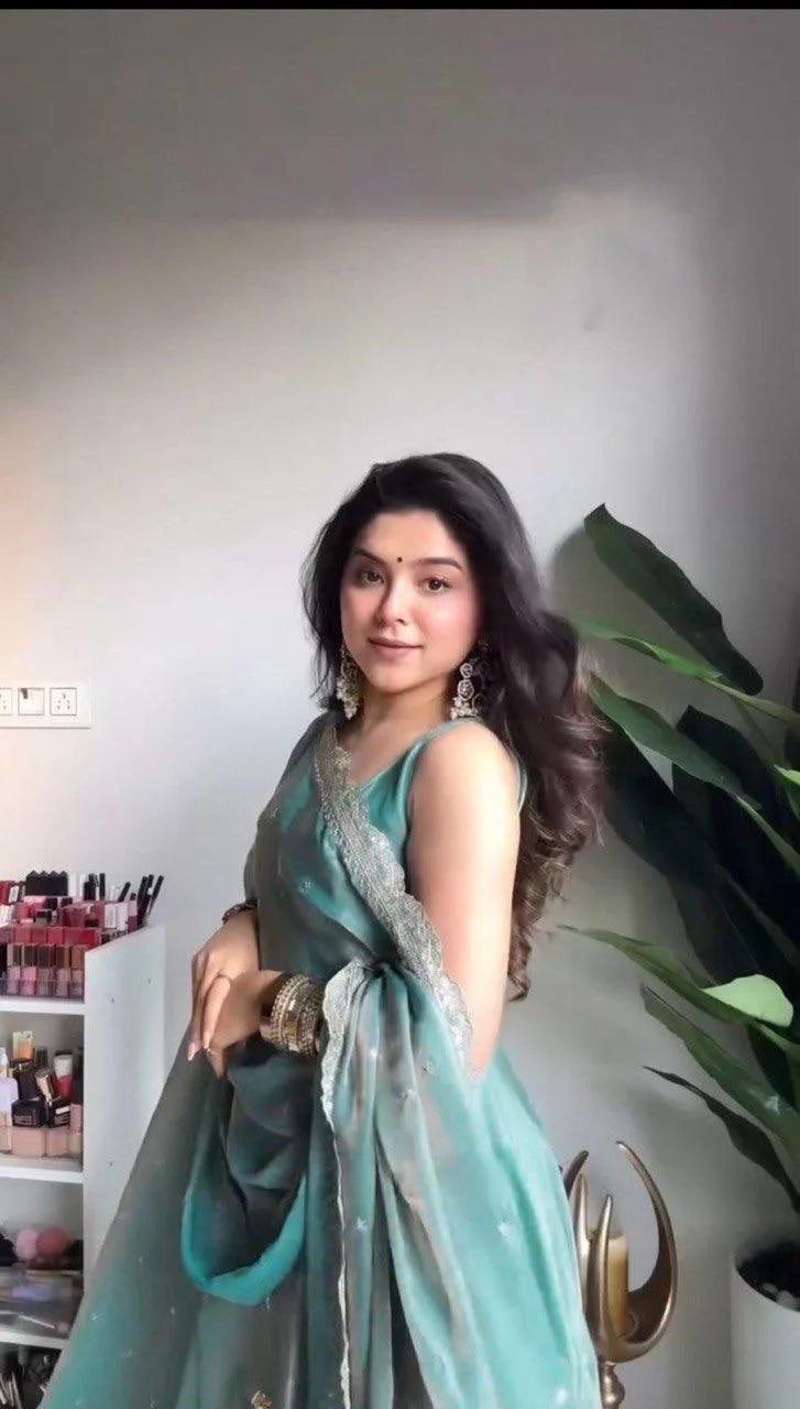 Classic Grace: Teal Blue Gown Pent & Dupatta With Thread Work