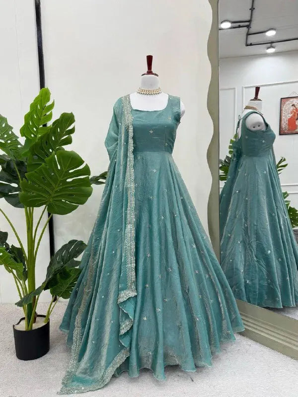 Classic Grace: Teal Blue Gown Pent & Dupatta With Thread Work
