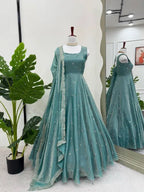 Classic Grace: Teal Blue Gown Pent & Dupatta With Thread Work