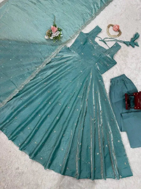 Classic Grace: Teal Blue Gown Pent & Dupatta With Thread Work