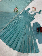 Classic Grace: Teal Blue Gown Pent & Dupatta With Thread Work