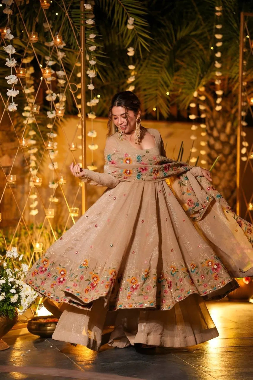 Beige Soft Silk Anarkali with Multi Embroidery & Sequins Work
