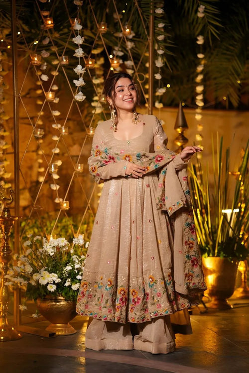 Beige Soft Silk Anarkali with Multi Embroidery & Sequins Work