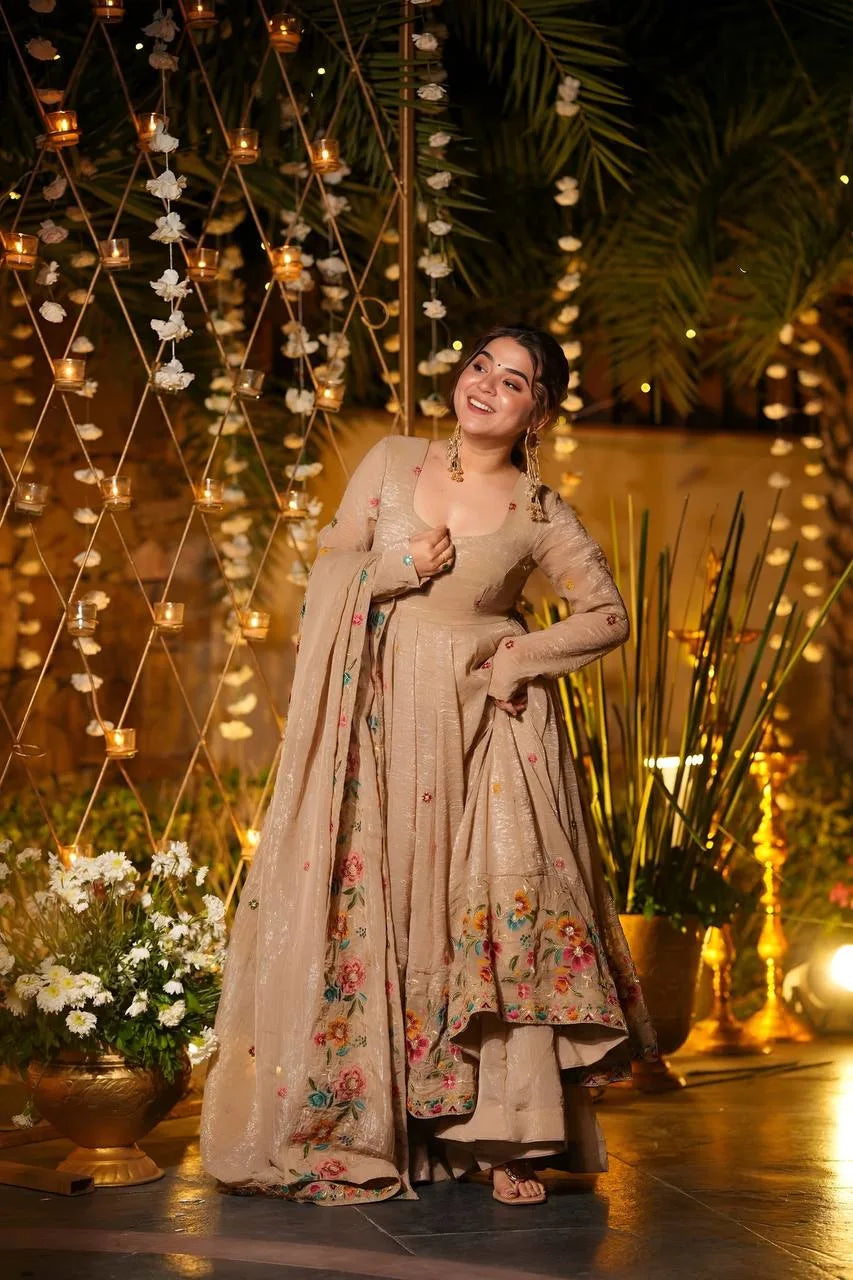 Beige Soft Silk Anarkali with Multi Embroidery & Sequins Work