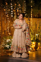 Beige Soft Silk Anarkali with Multi Embroidery & Sequins Work