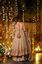 Beige Soft Silk Anarkali with Multi Embroidery & Sequins Work