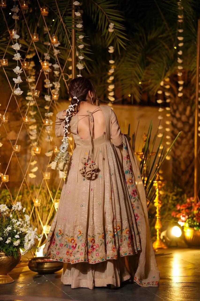 Beige Soft Silk Anarkali with Multi Embroidery & Sequins Work