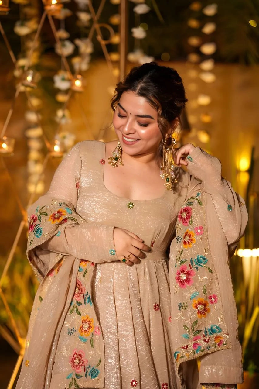 Beige Soft Silk Anarkali with Multi Embroidery & Sequins Work
