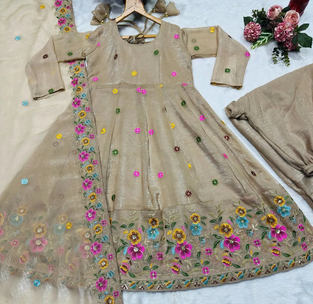 Beige Soft Silk Anarkali with Multi Embroidery & Sequins Work
