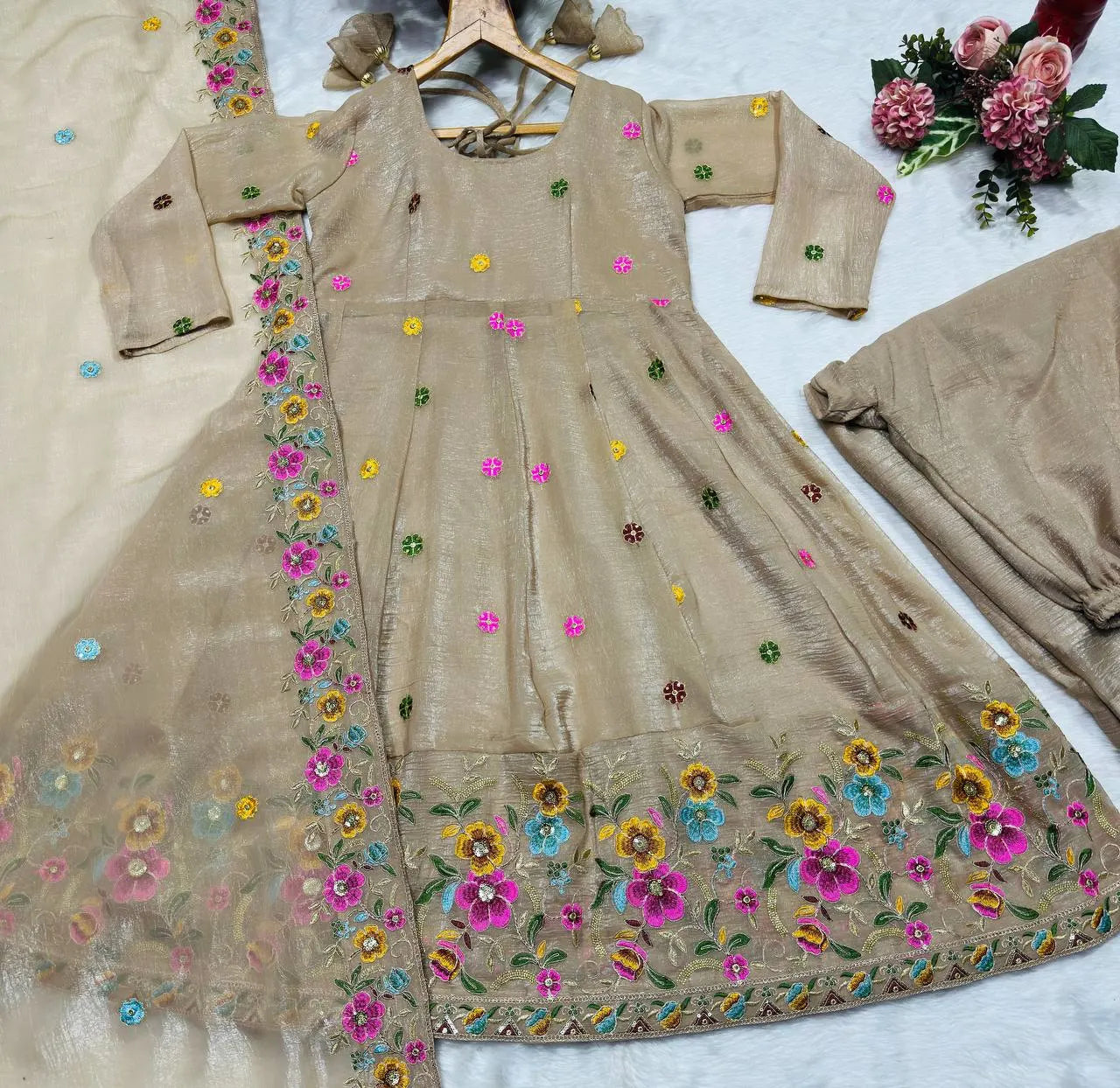 Beige Soft Silk Anarkali with Multi Embroidery & Sequins Work
