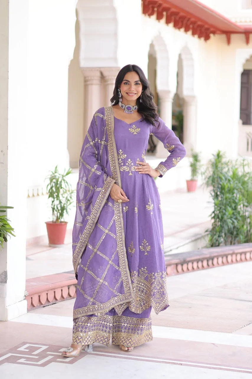Elegant Silver Crunchy Full Sleeve Gown with Embroidered Dupatta & Bottom