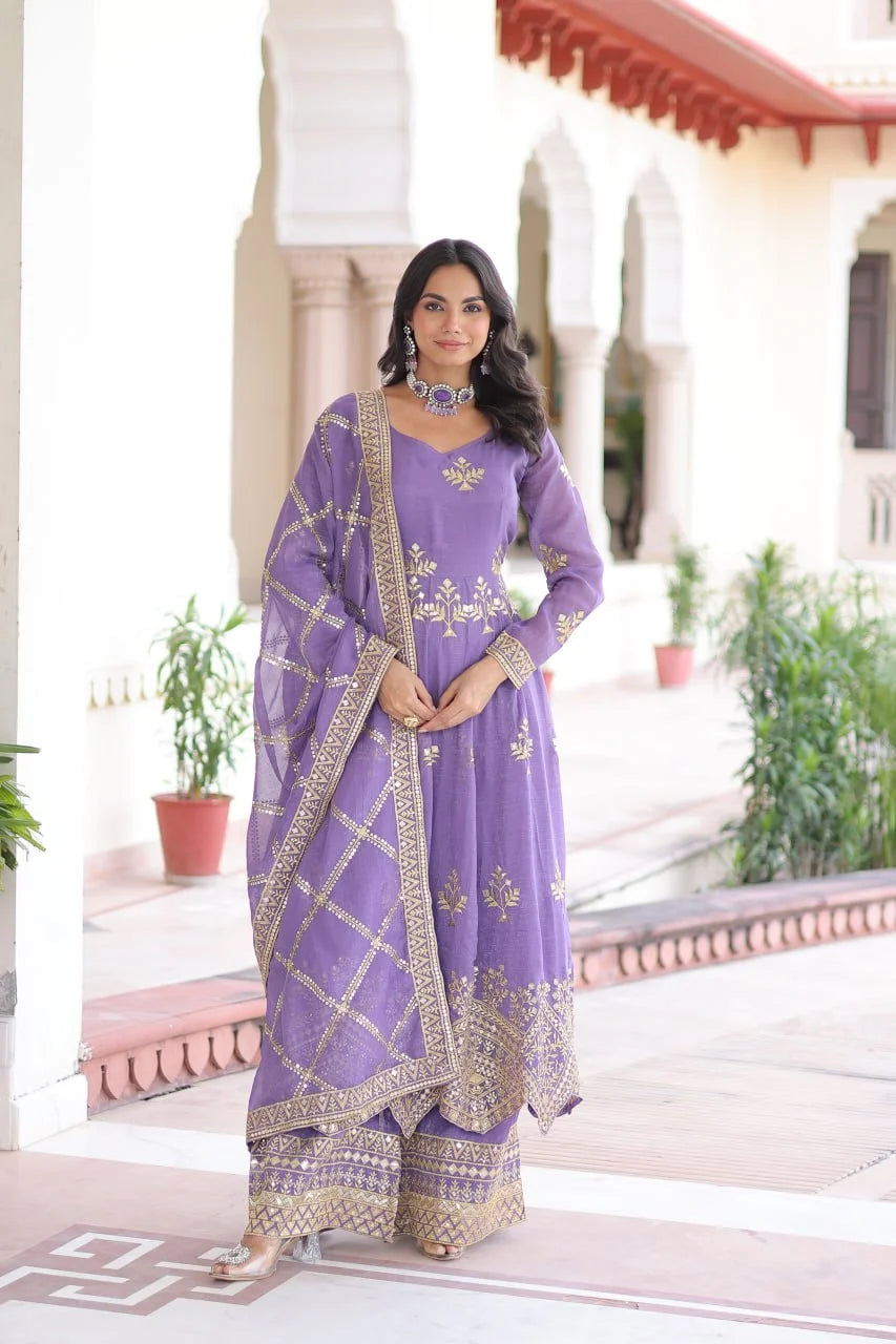 Elegant Silver Crunchy Full Sleeve Gown with Embroidered Dupatta & Bottom