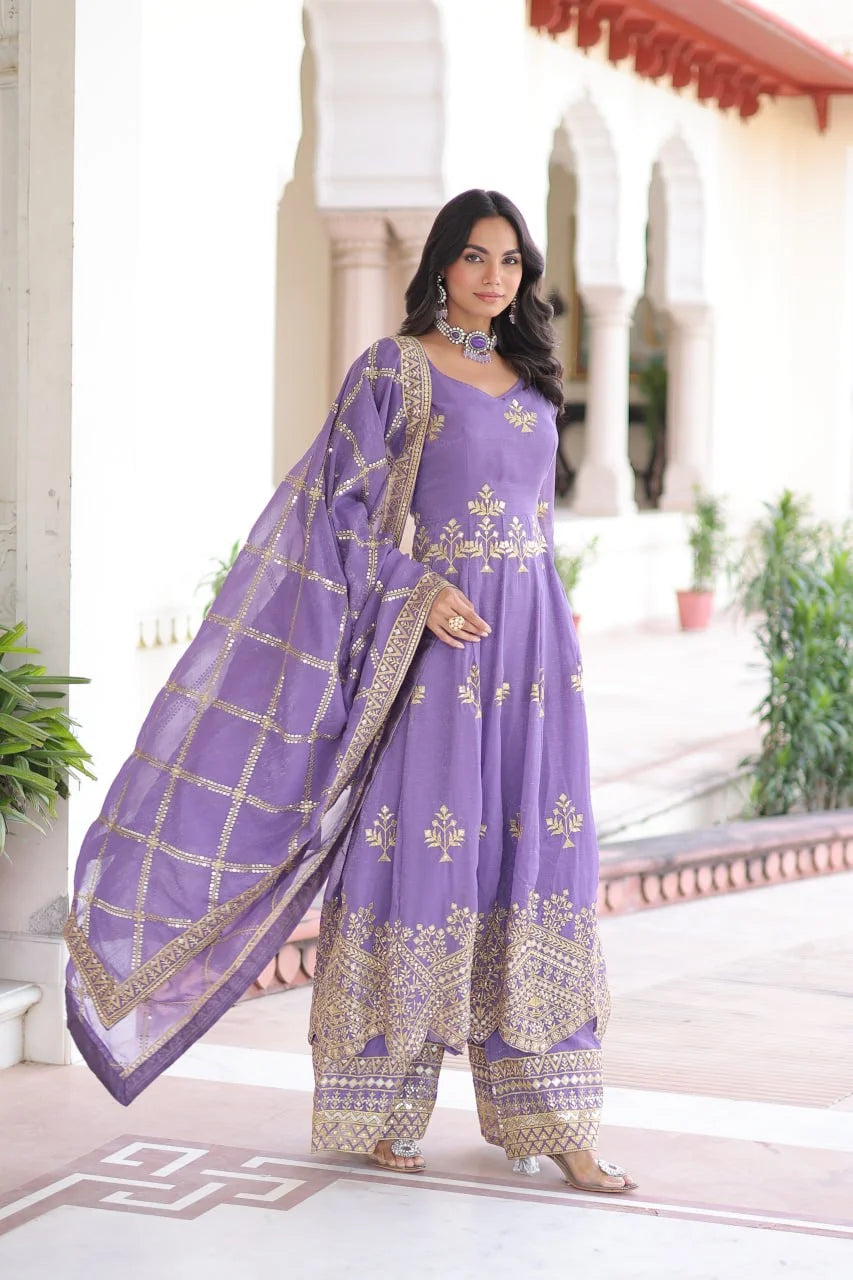 Elegant Silver Crunchy Full Sleeve Gown with Embroidered Dupatta & Bottom