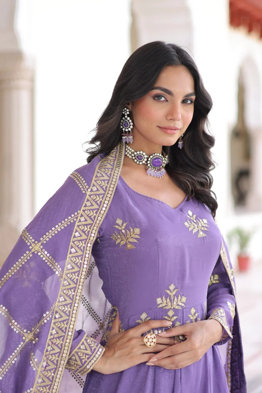 Elegant Silver Crunchy Full Sleeve Gown with Embroidered Dupatta & Bottom