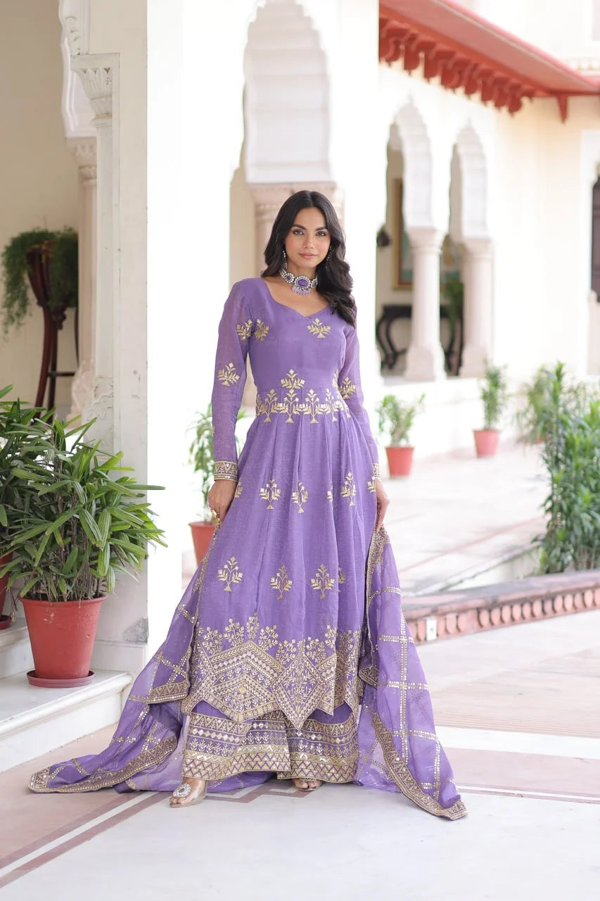 Elegant Silver Crunchy Full Sleeve Gown with Embroidered Dupatta & Bottom