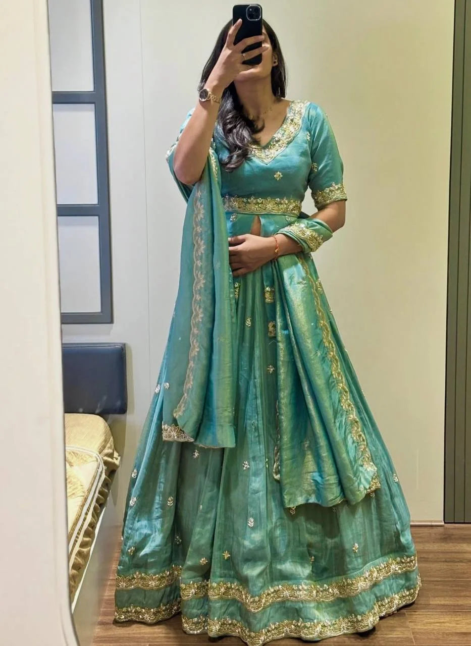 Designer Chinon Silk Lehenga Choli with Heavy Paip Sequence & Cutwork Dupatta