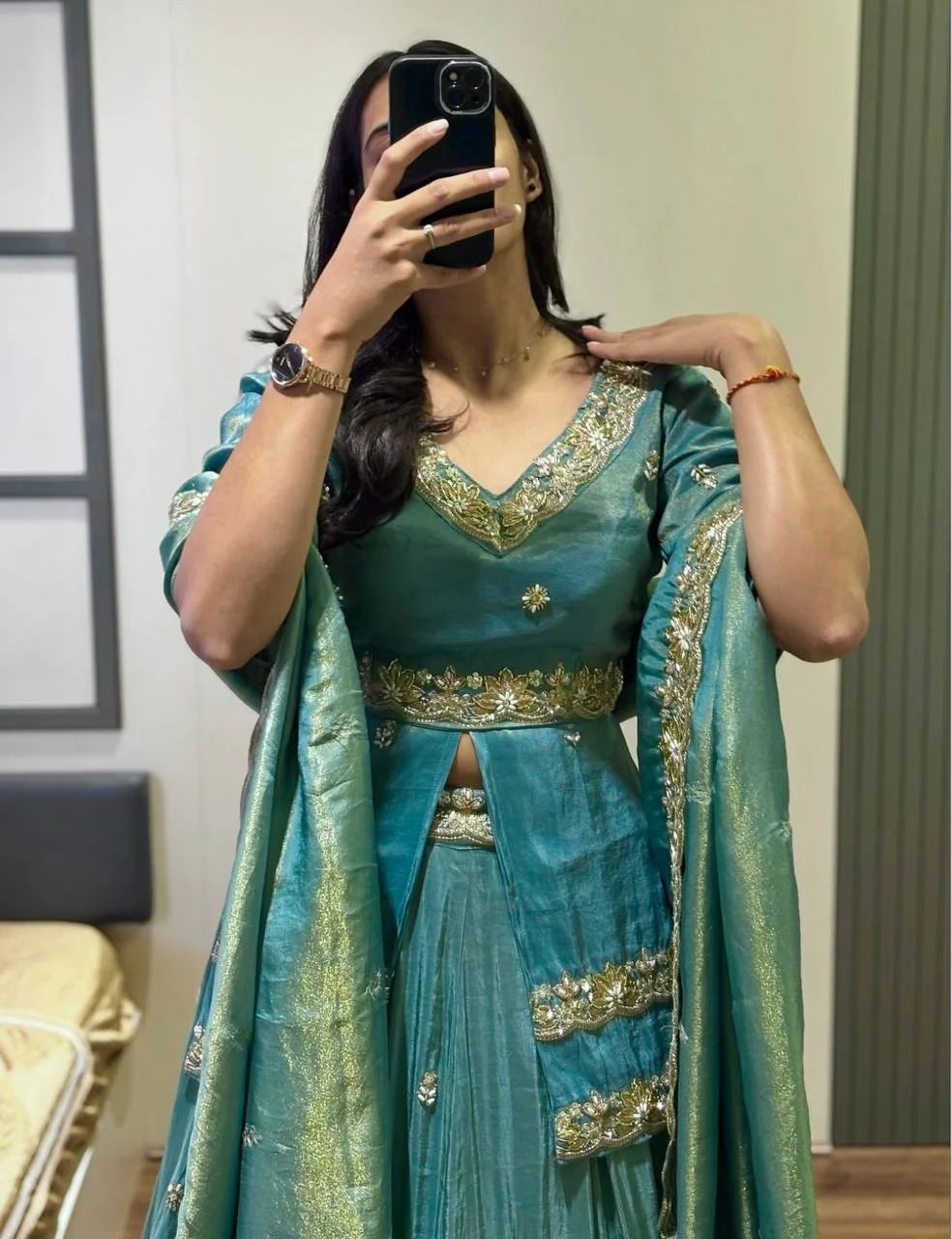 Designer Chinon Silk Lehenga Choli with Heavy Paip Sequence & Cutwork Dupatta