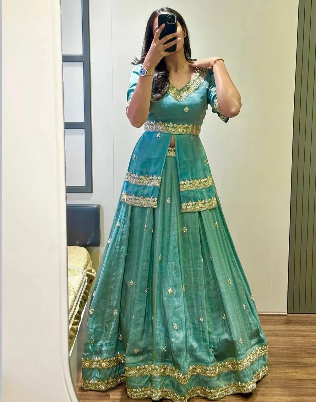 Designer Chinon Silk Lehenga Choli with Heavy Paip Sequence & Cutwork Dupatta