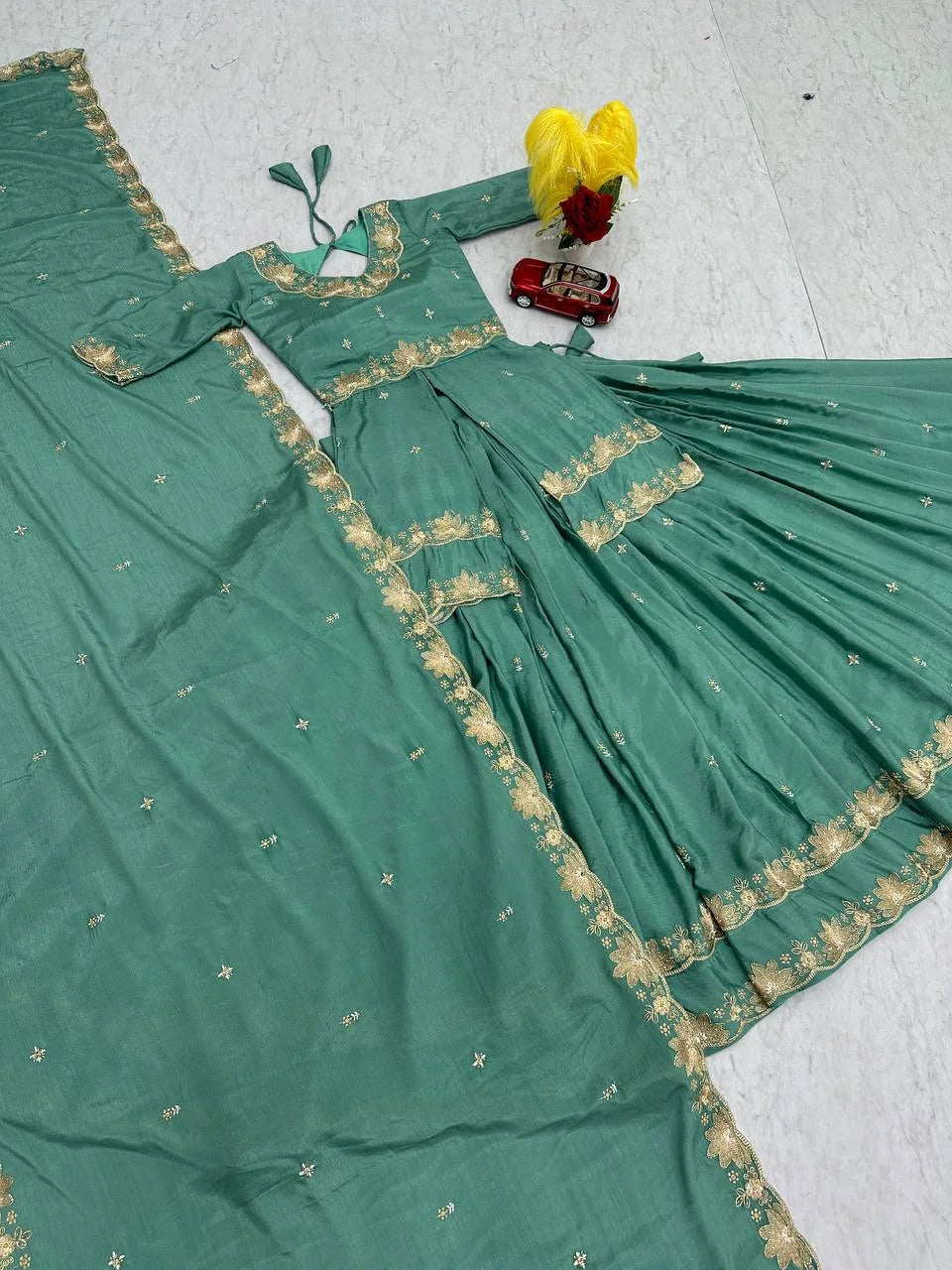 Designer Chinon Silk Lehenga Choli with Heavy Paip Sequence & Cutwork Dupatta
