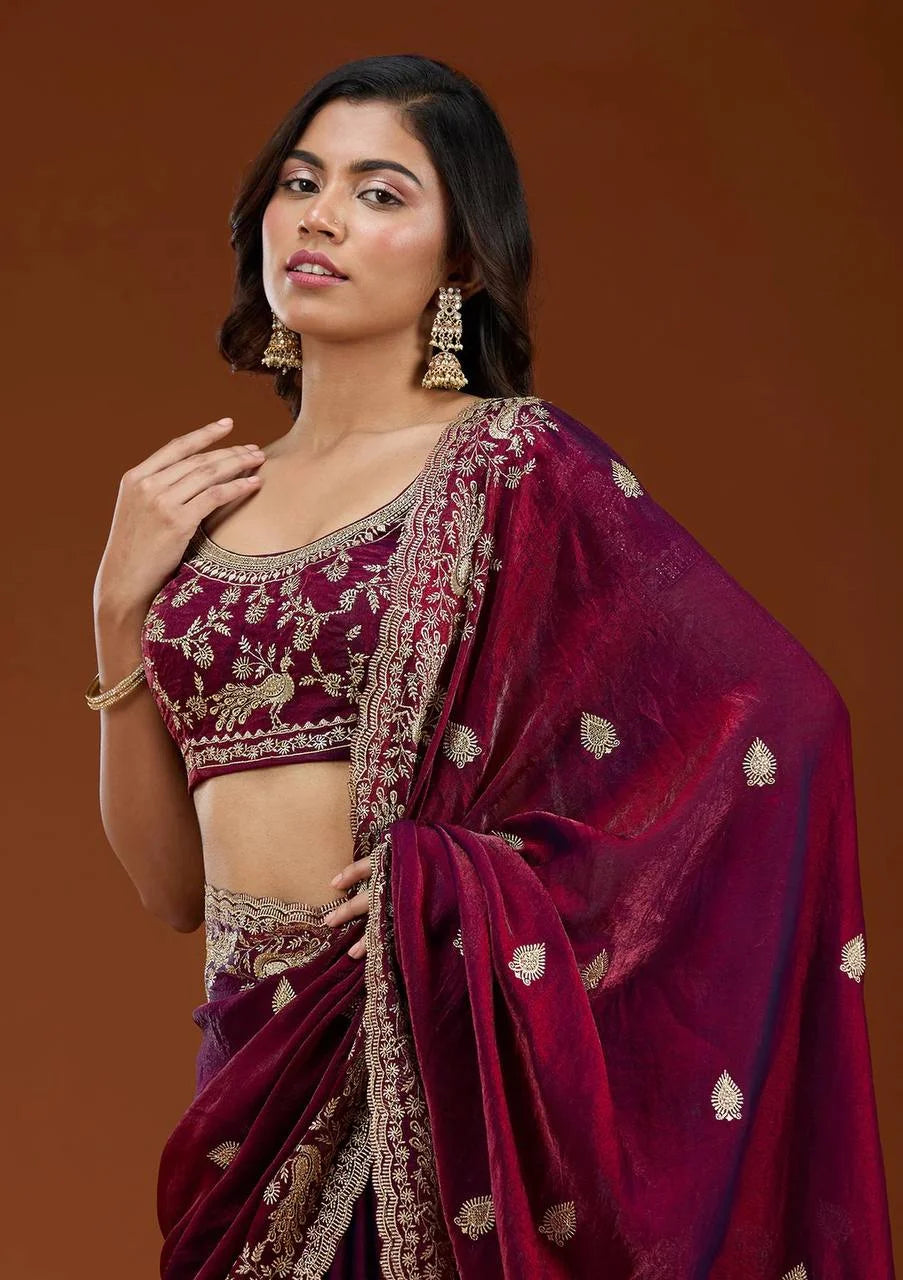 Elegant Sequence & Zari Embroidered Frendy Chiffon Saree with Unstitched Blouse