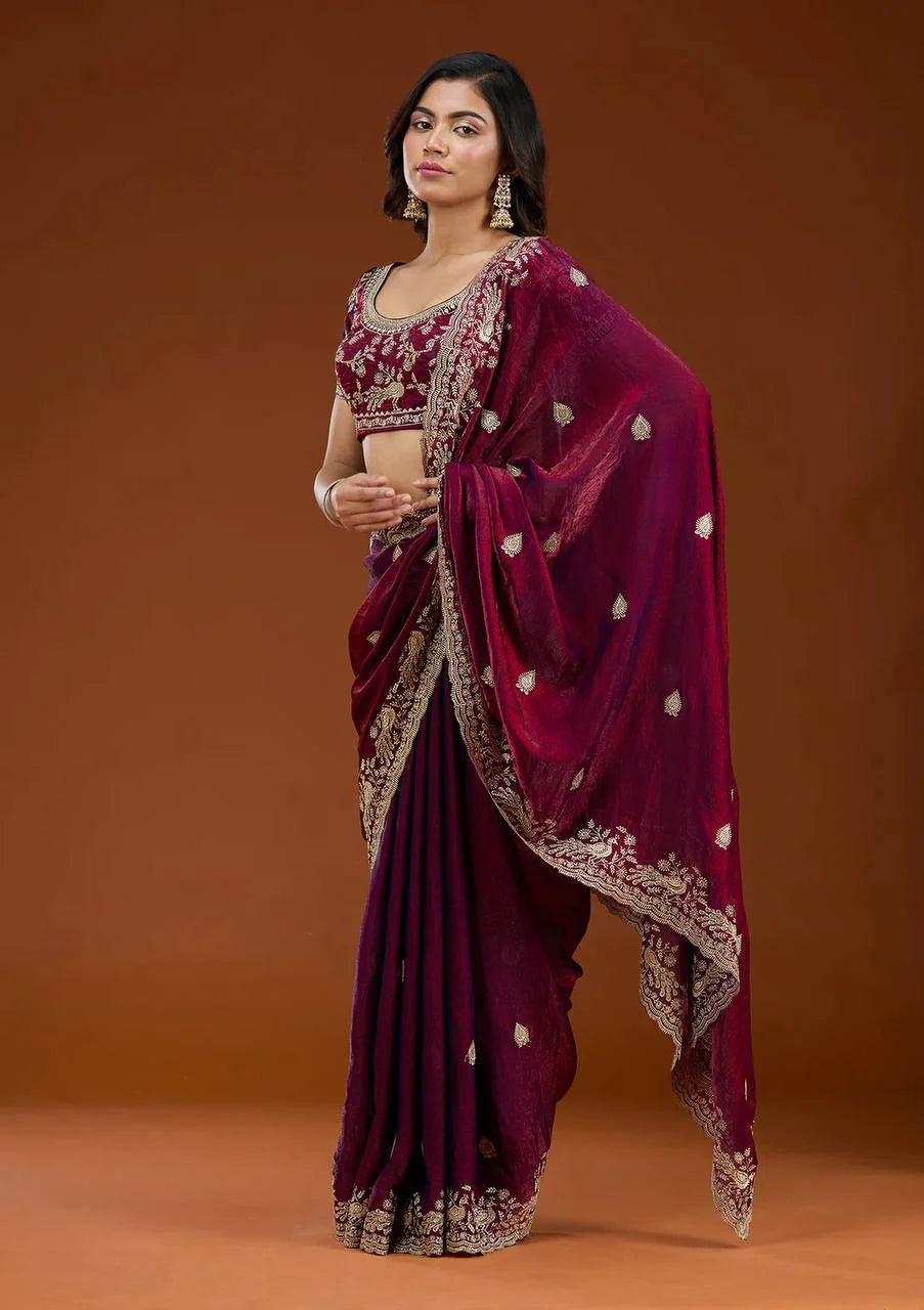 Elegant Sequence & Zari Embroidered Frendy Chiffon Saree with Unstitched Blouse