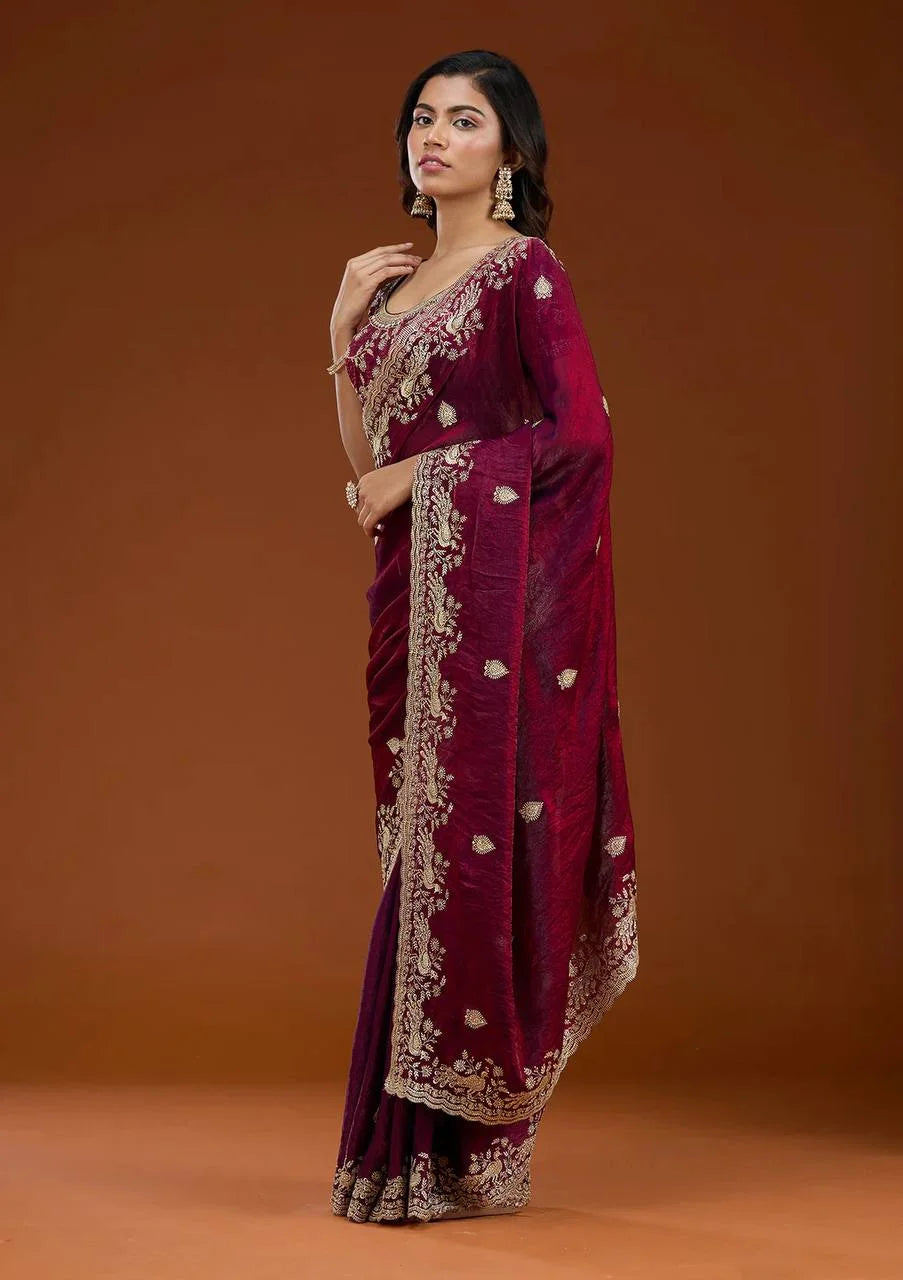 Elegant Sequence & Zari Embroidered Frendy Chiffon Saree with Unstitched Blouse