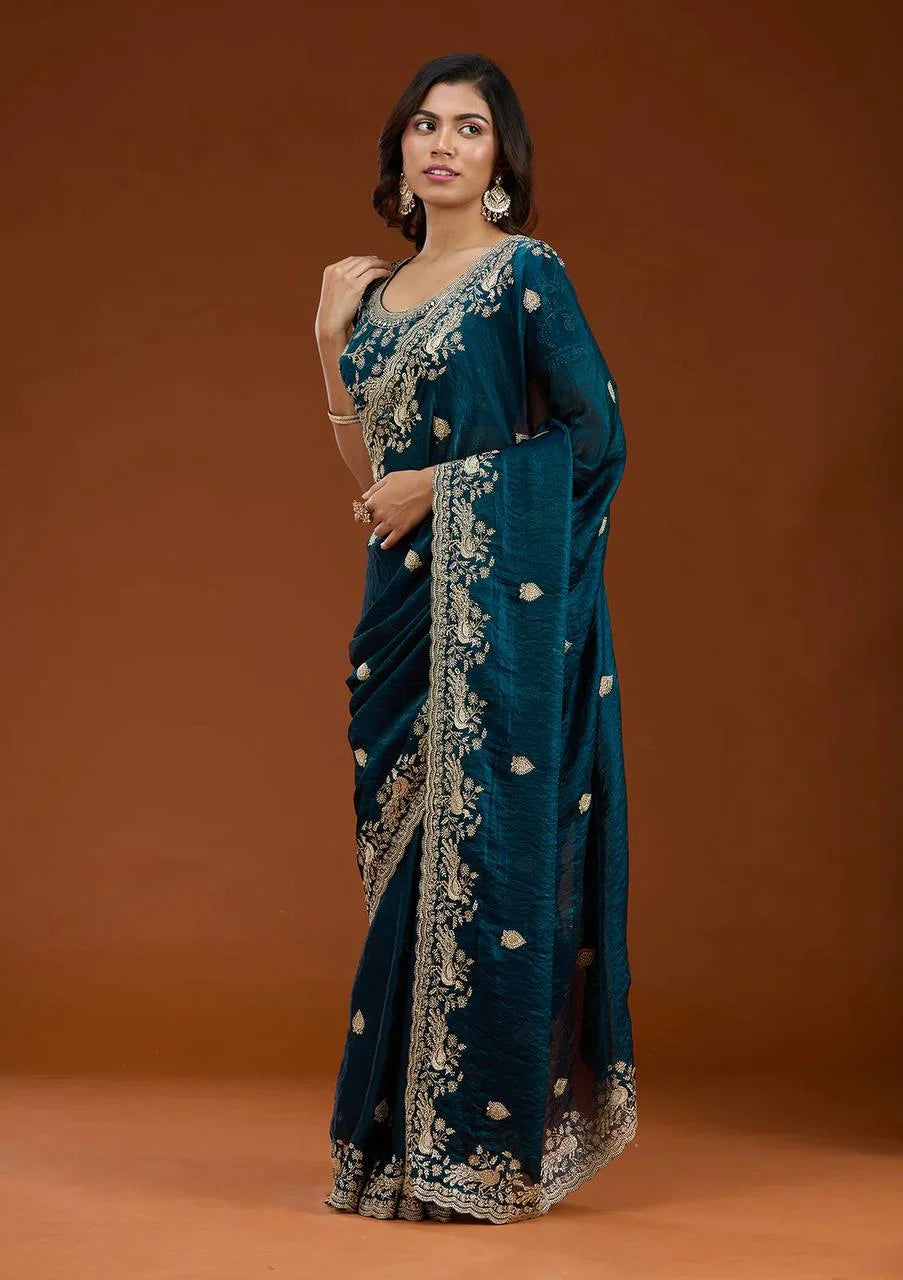 Luxury Frendy Chiffon Saree with Heavy Sequins Work Blouse
