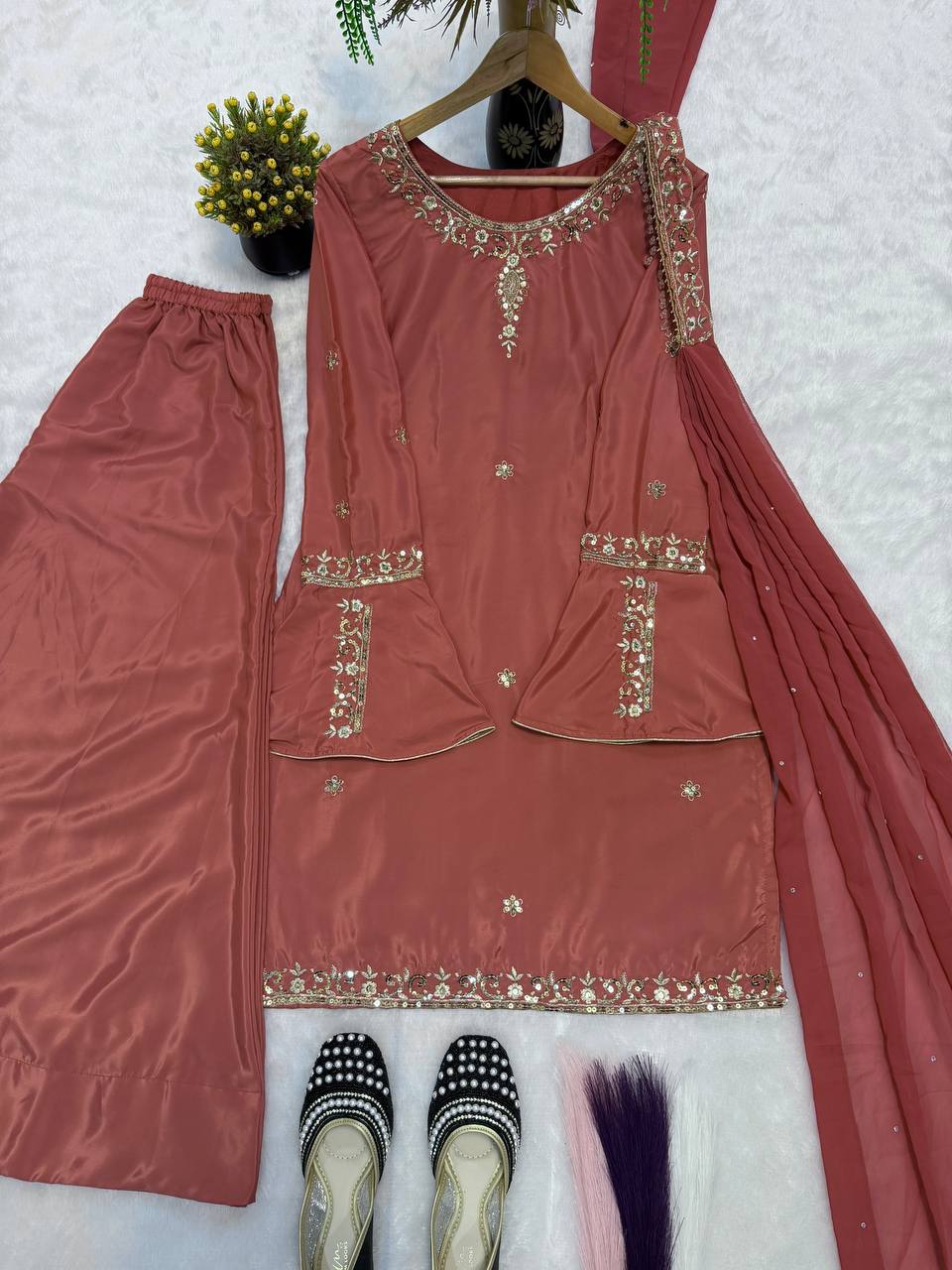 Rust Brown Umbrella Full Sleeve Kurti  Flared Palazo With Dupatta