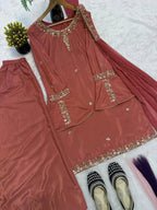 Rust Brown Umbrella Full Sleeve Kurti  Flared Palazo With Dupatta