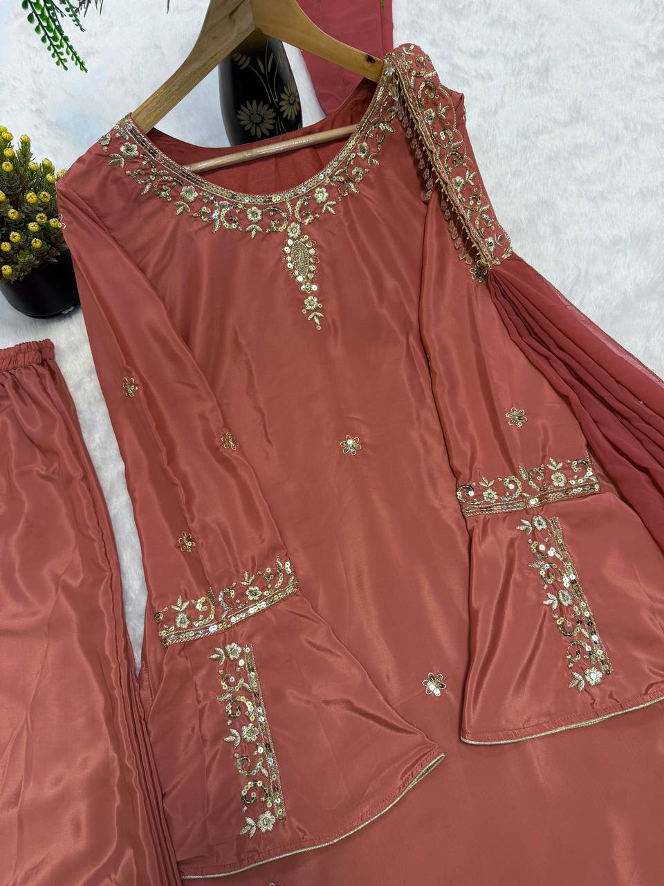 Rust Brown Umbrella Full Sleeve Kurti  Flared Palazo With Dupatta