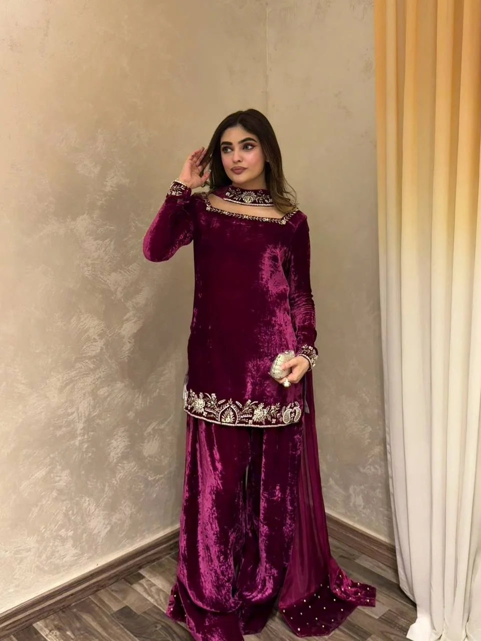 Festive Wear Heavy Viscose Velvet Top with Sharara and Embellished Dupatta