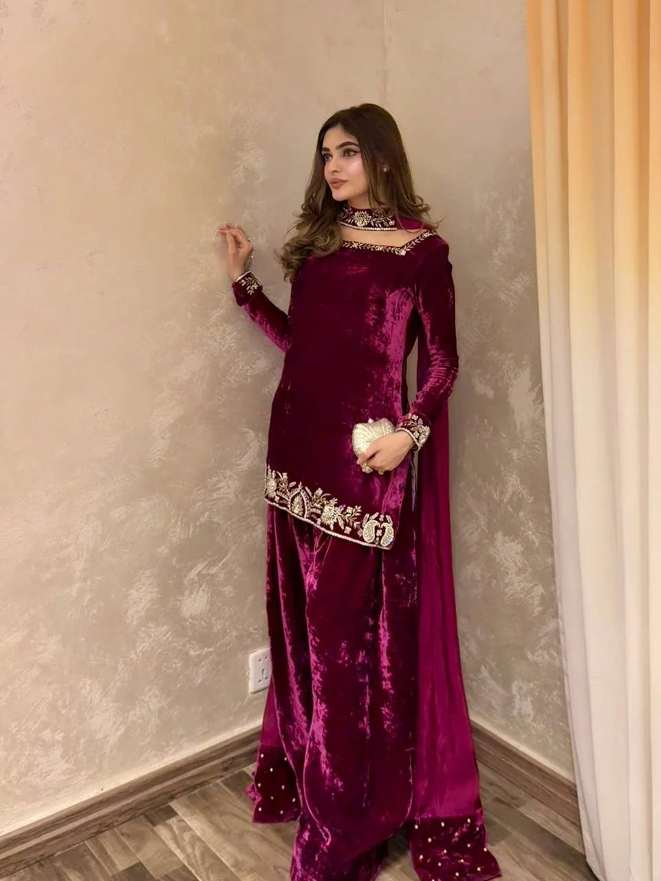 Festive Wear Heavy Viscose Velvet Top with Sharara and Embellished Dupatta
