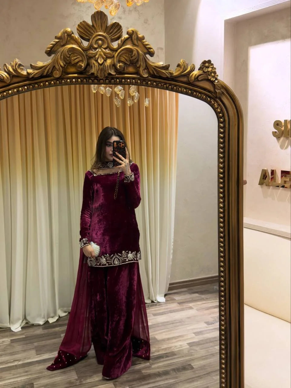 Festive Wear Heavy Viscose Velvet Top with Sharara and Embellished Dupatta