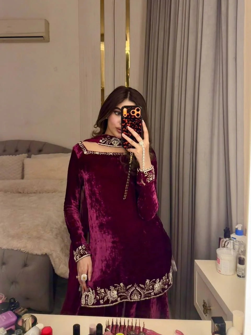 Festive Wear Heavy Viscose Velvet Top with Sharara and Embellished Dupatta