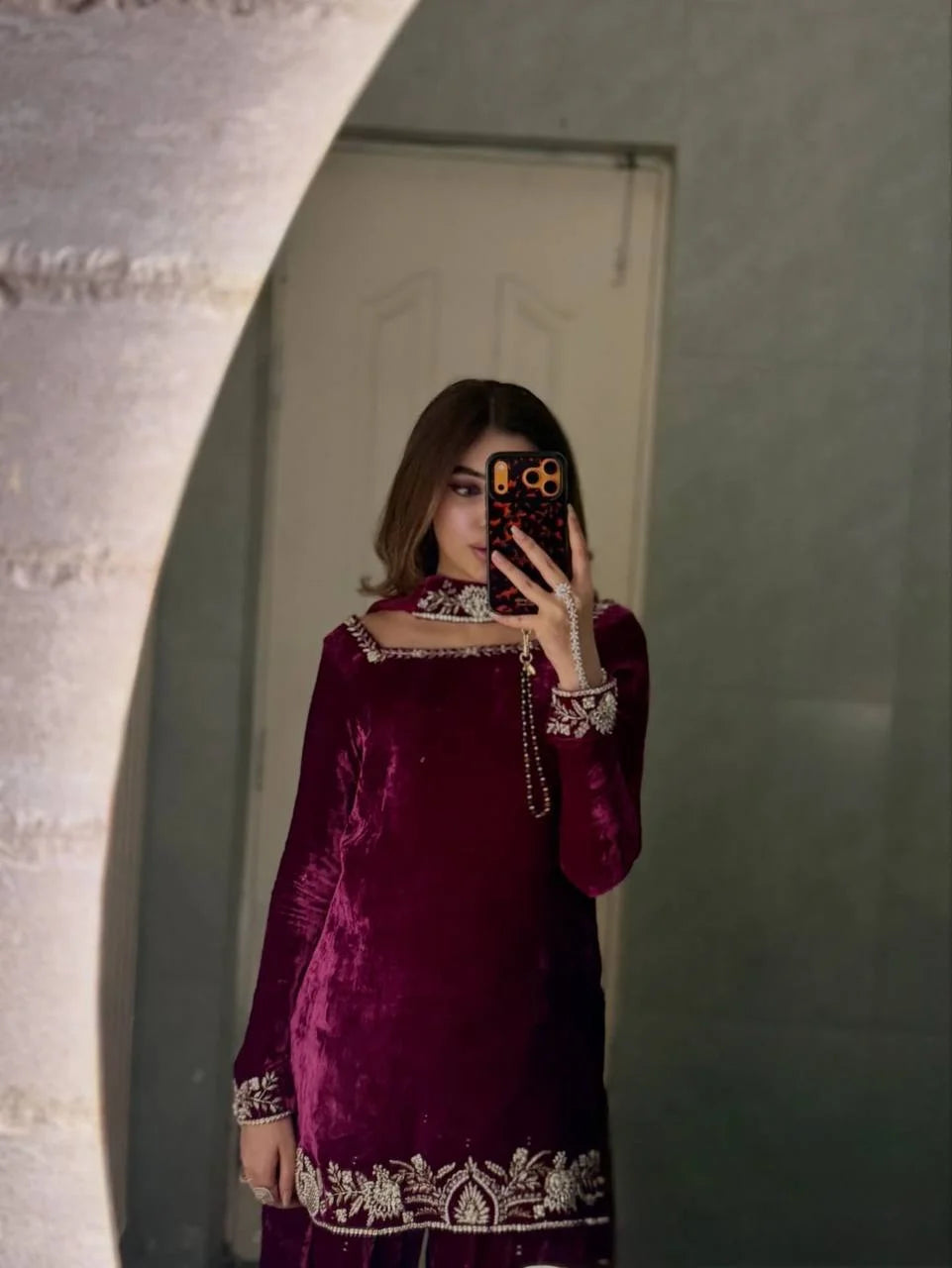 Festive Wear Heavy Viscose Velvet Top with Sharara and Embellished Dupatta